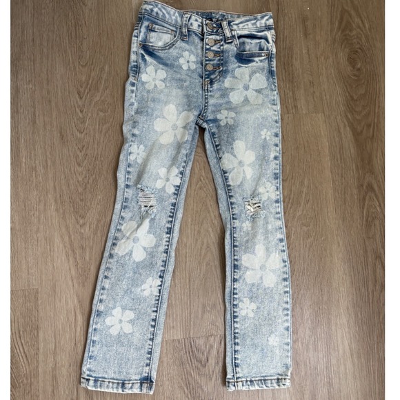 Hippie Girl Denim - Hippie Girl Floral Acid Wash Distressed Straight Leg Jeans Light Blue Size 5